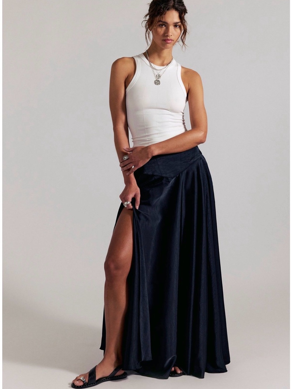 Free People Women's Chilco A-Line High-Slit Maxi Skirt 10 black nwt